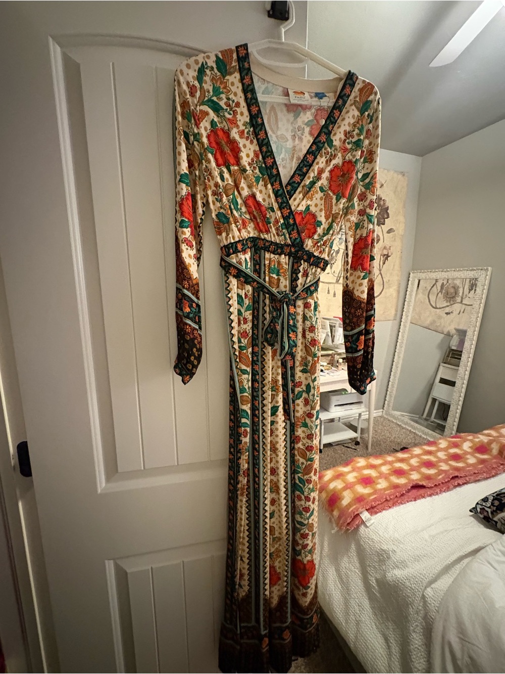 Boho Floral V-Neck Maxi Dress in Cream and Red